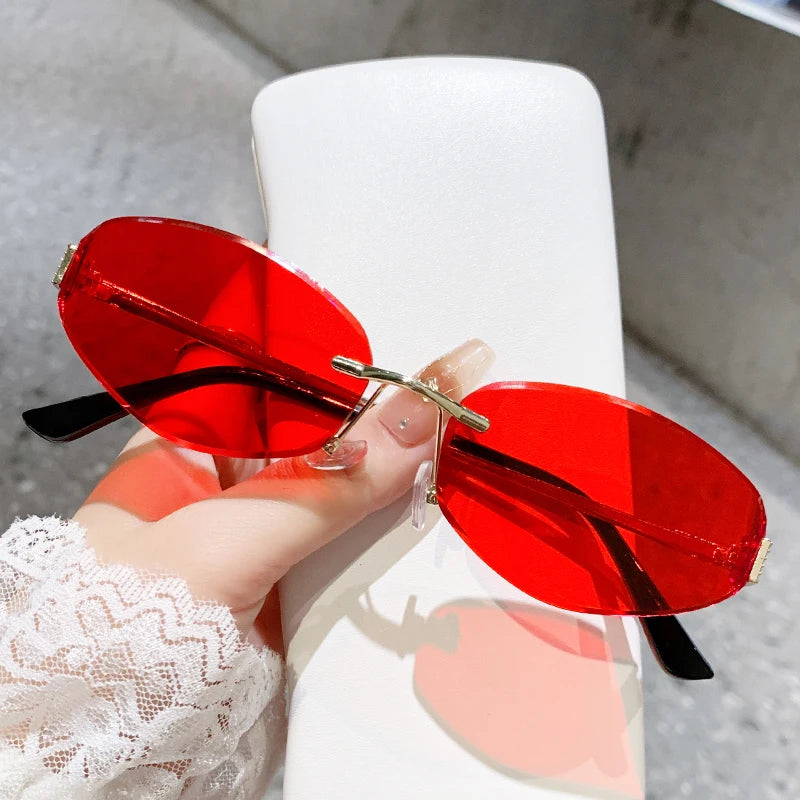 Retro Frameless Oval Concave Design Y2k Personalized Sunglasses Trendy Uv Resistant Street Photography Sunglasses 90275 Red