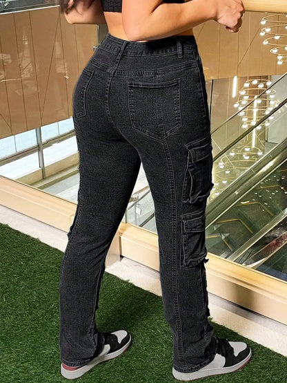 Women Y2K Street Cargo Style Slim-Fit Jeans Stretchy Button Zipper Side Pockets Casual Fashion Comfortable Denim Pants-Black