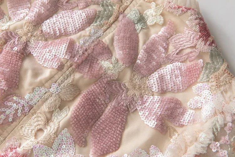 IEQJ Fashion Pink Embroidered Sequins Dress Women's Round Neck Ruffles Half Sleeves Ankle-length Dresses New 3A132 Badiee Stylez