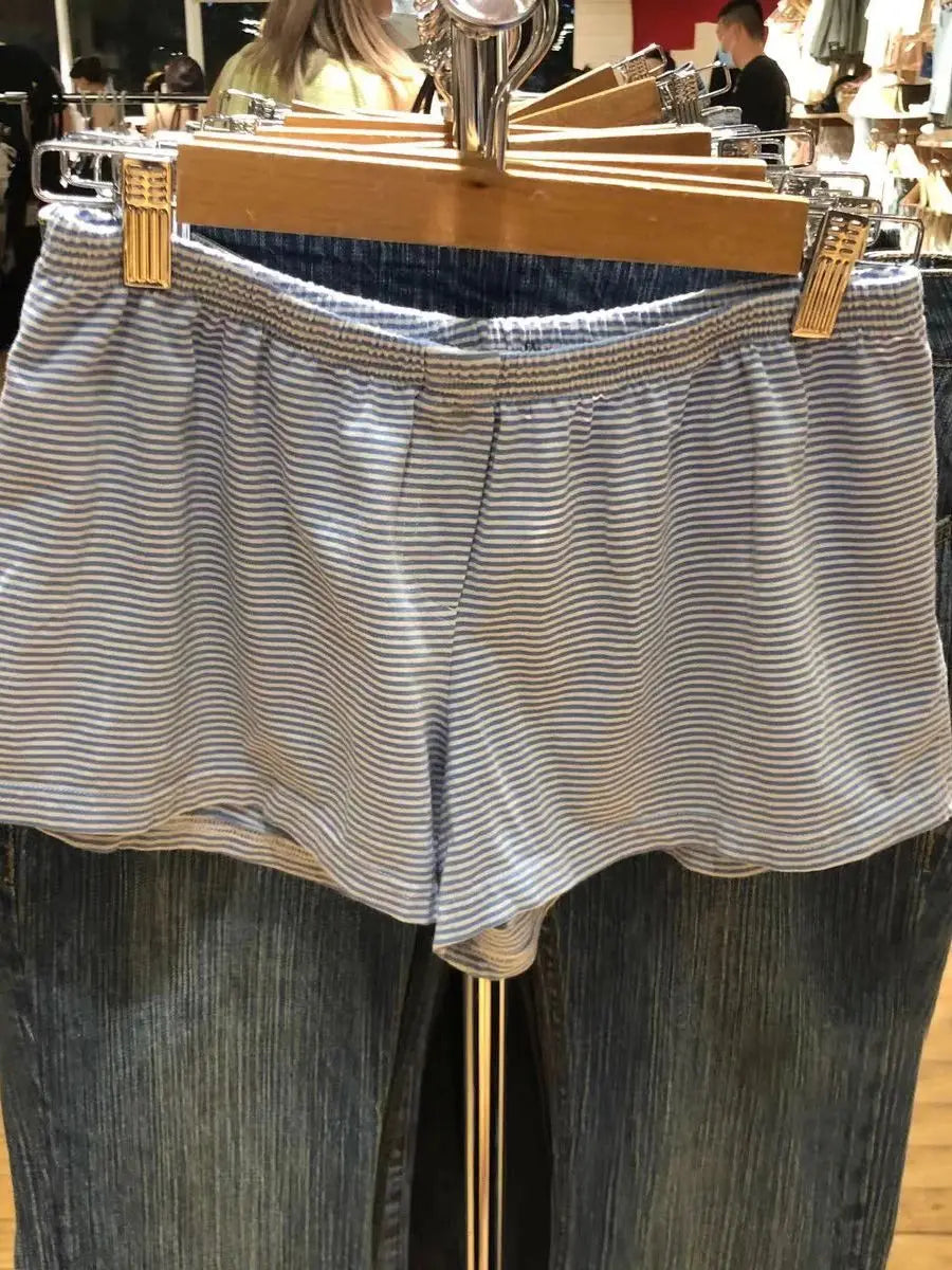 Blue Striped Tank Shorts Pajama Set Women Summer Sleeveless Crop Top+Elastic Waist Straight Short Pant Cotton Home 2 Piece Sets