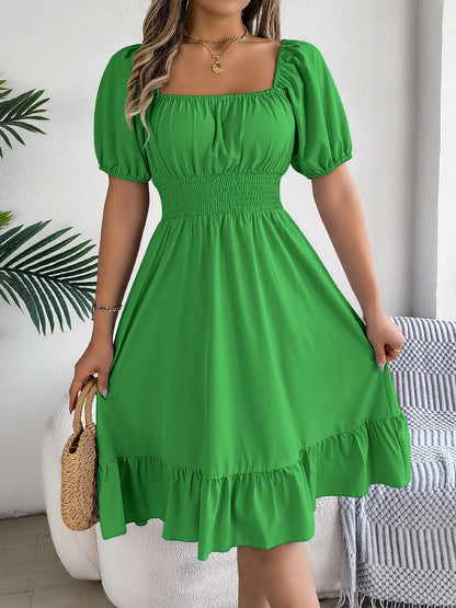 Spring and Summer Elegant High Waisted Dress Square Neck Short Sleeved Ruffled Edge Long Dresses for Women Badiee Stylez