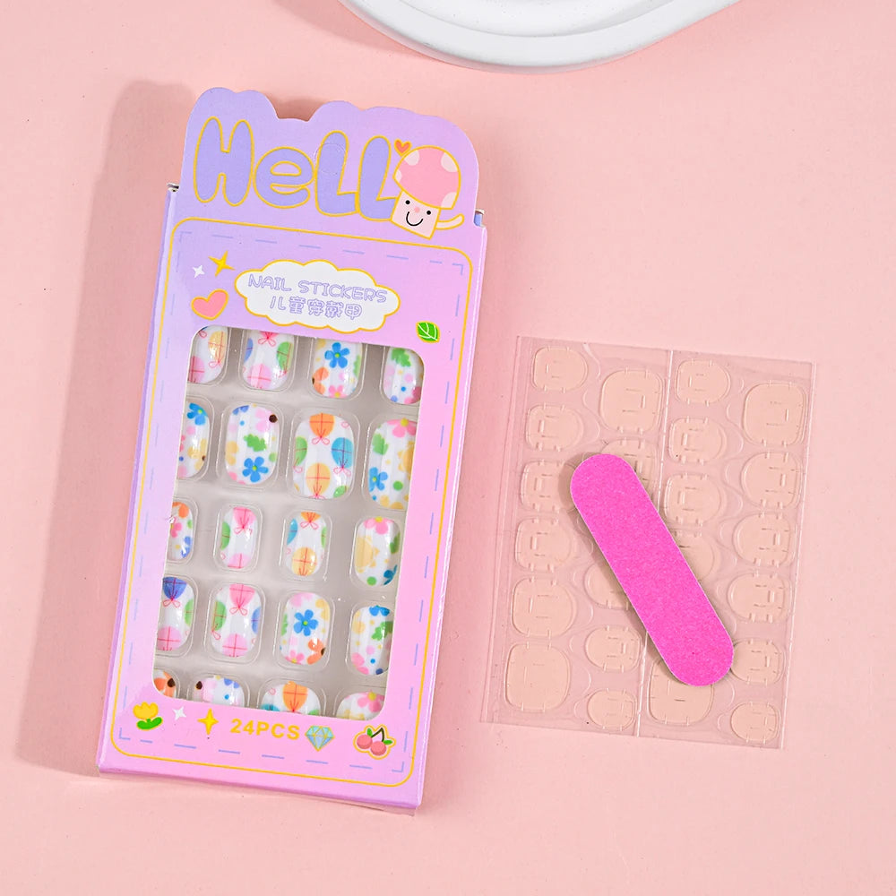 24Pcs Children Cartoon Nail Tips Colorful Cute Rabbit Pink Stars 6-14 Years old Girl Fake Nail With Jelly Glue Kids False Nail TC0003-2