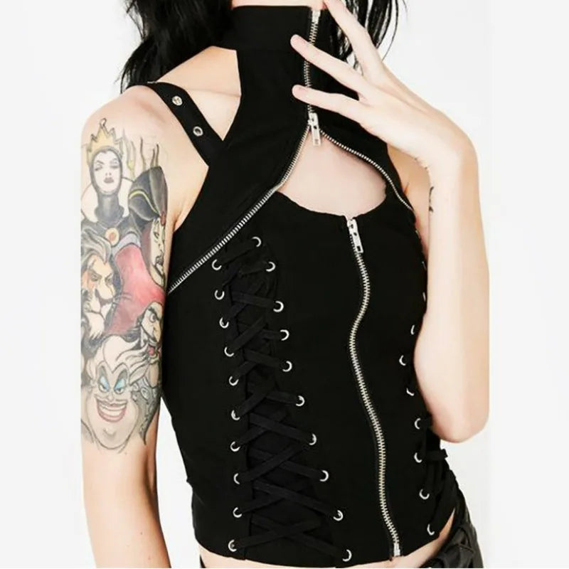 Y2k Dark Punk Gothic Corset Vest Women 2024 High Waist Bandage Crop Tank Tops Streetwear Emo Alt Harajuku Halter Rave Outfits