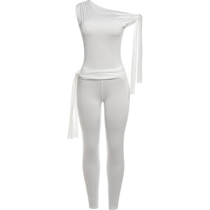 Weird Puss Chic Elegant 2 Piece Set Women Tracksuit Skew Collar Ribbon Tank Tsop+Leggings Casual Skinny Stretch Matching Outfits