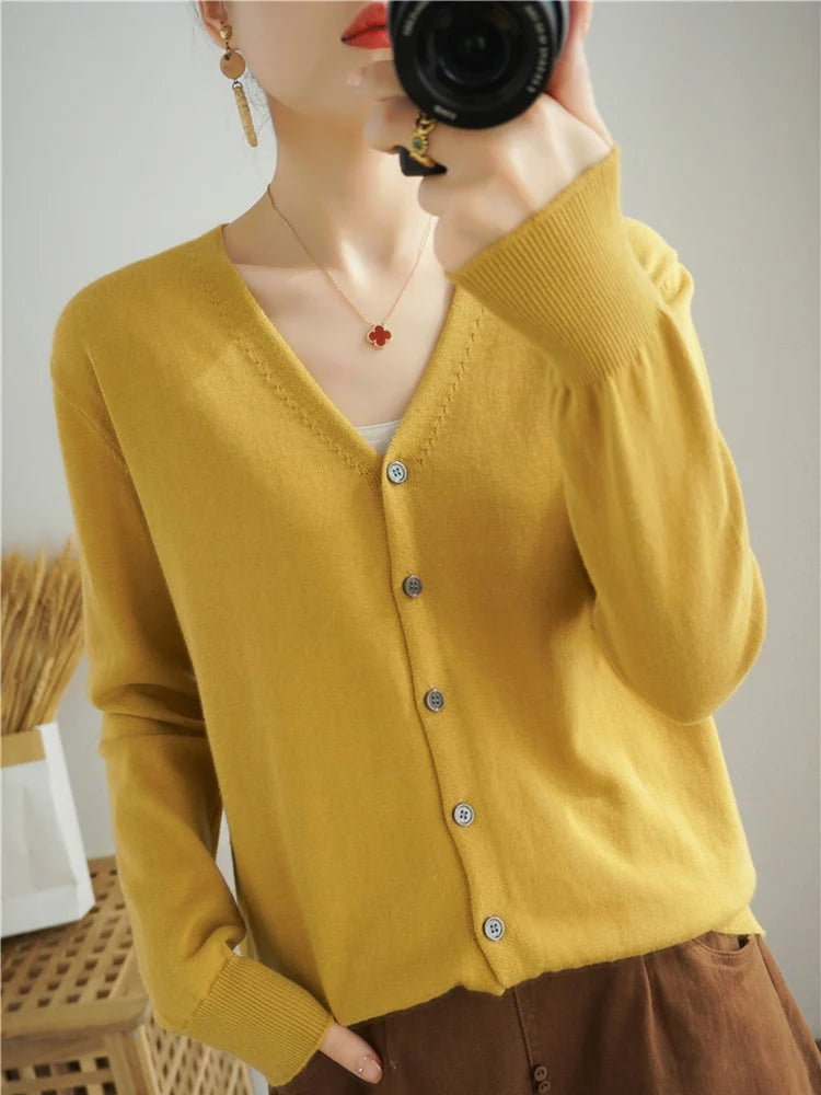 100% Cotton Line Long Sleeve V-Neck Knitted Cardigan Women Loose Short Solid Color Simple Sun Protection SMY K61