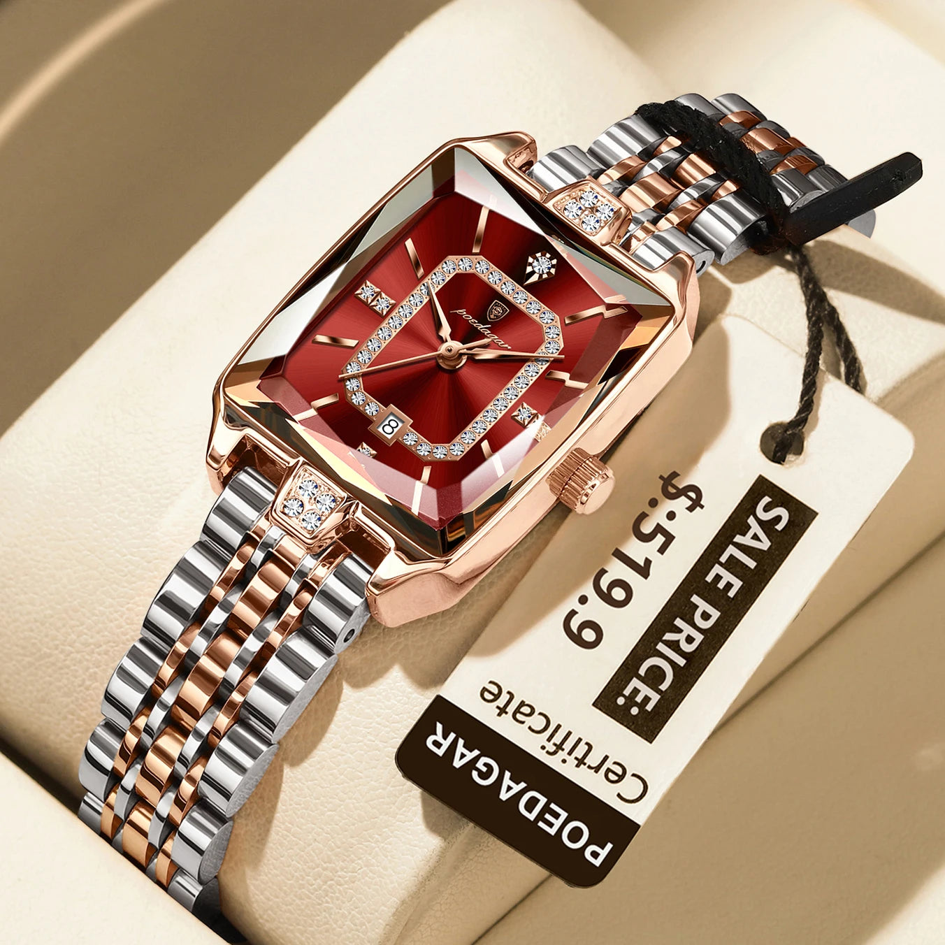 POEDAGAR Luxury Watch For Woman Elegant Waterproof Calendar Ladies Watch Rectangle Stainless Steel Quartz Women's Watches Female 785 Gold Red