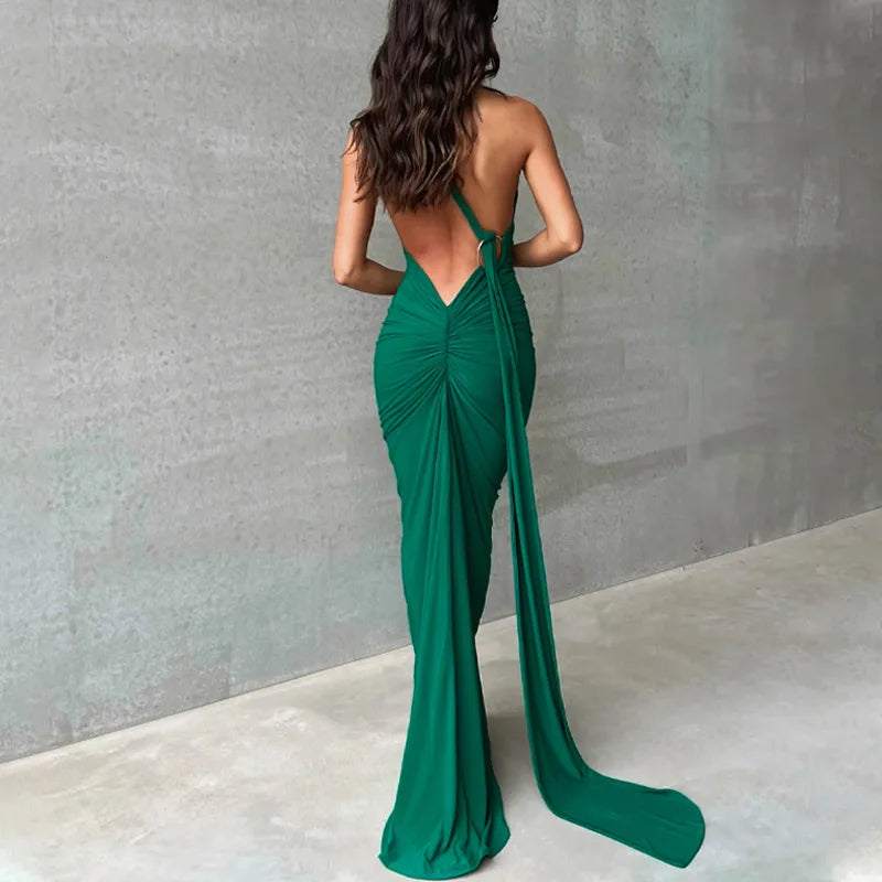 Womens Elegant Evening Party Cocktail Long Dress Sexy Backless Open Back Ruched Slim Bodycon Formal Wedding Guest Maxi Dress Badiee Stylez
