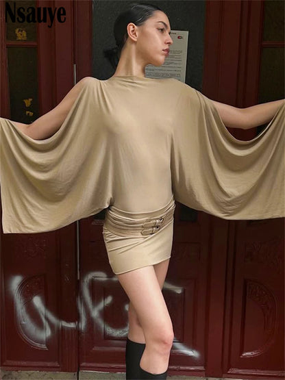 Nsauye Y2K Women Sexy High Street Fashion Mini Wrap Night Club Long Sleeve Dress Hollow Out Casual Evening Party Dress 2025