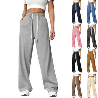 Casual Wide Leg Sports Pants for Women Casual Straight Leg Loose Solid Color Elastic Drawstring High Waisted Wide Leg Pants