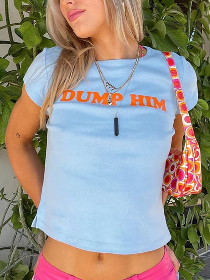 Cute 2000s Aesthetics Letter Print Blue Baby Tees Y2K Streetwear O-neck Short Sleeve Crop Tops Women Fashion 2023 Slim Blue