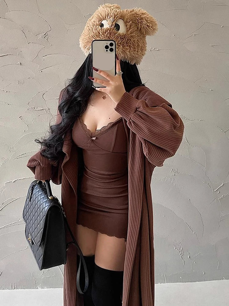 Y2K Retro Lace Patchwork Spaghetti Strap Black Bodycon Dress Mini Fashion Aesthetic Bow Club Party Sexy Dresses for Women Dark Brown