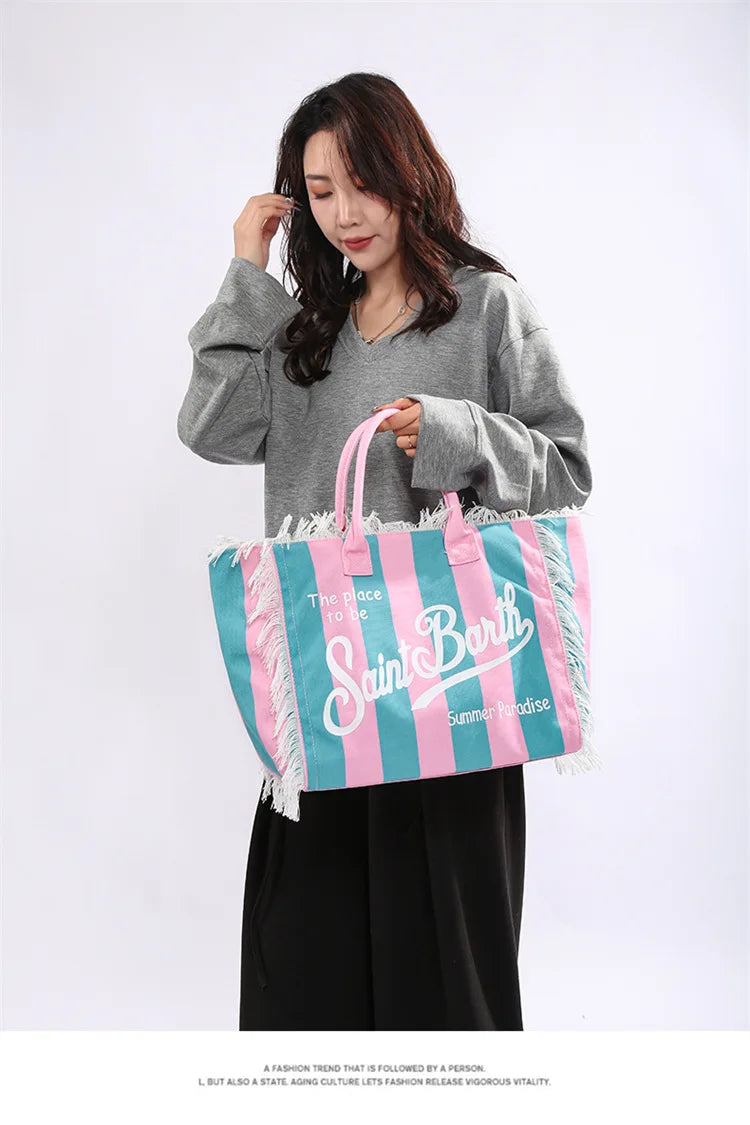European and American Letters Tassel Canvas Bag Arge Capacity Handbags Travel Women Beach Tote Bag Fashion Casual Shopping Bags
