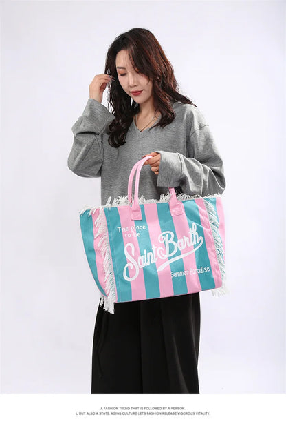 European and American Letters Tassel Canvas Bag Arge Capacity Handbags Travel Women Beach Tote Bag Fashion Casual Shopping Bags