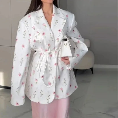 Women's Flower Printed Loose Suit 2025 Spring/Summer New Fashion Collar Belted Waist - Cinching Suit Jacket