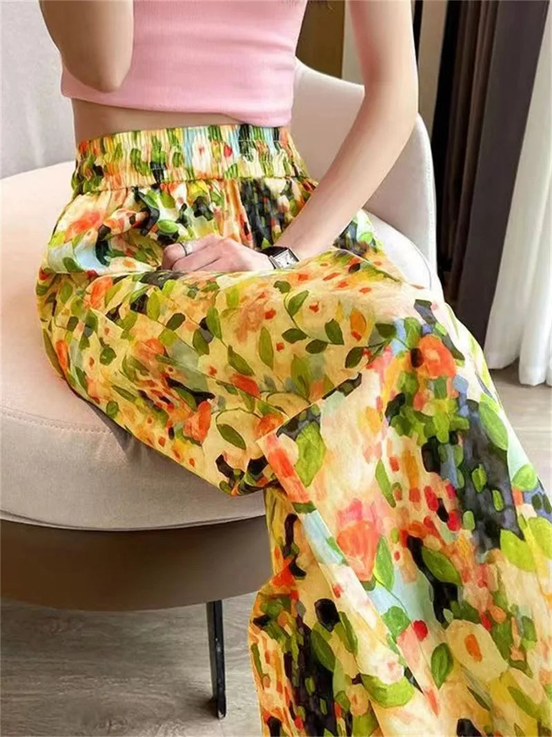 Beach Pants Loose Wide-Leg Pant Female Seaside Leisure INS High Waist Cropped Pant Straight Floral Trousers 2024 Summer New