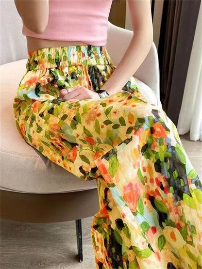 2024 Summer New Beach Pants Loose Wide-Leg Pant for Women Seaside Leisure INS High Waist Cropped Pant Straight Floral Trousers