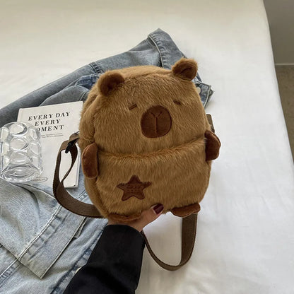 Cute Plush Capybara Crossbody Bag Large Capacity Shoulder Bag Girls Coin Purse Adjustable Zipper Plush Mobile Phone Pouch