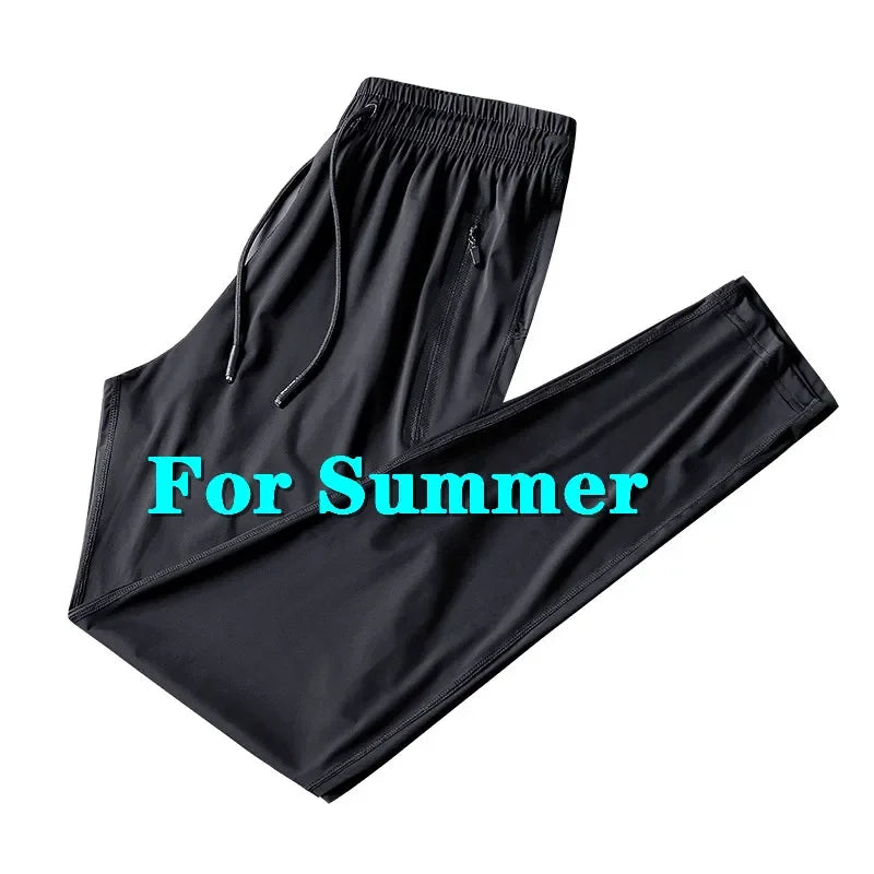Big Size Men's Pants Ice Silk Stretch Elastic Waist Sweatpants Men Summer Casual Sport Joggers Black Mesh Trouser Male Large 9XL Black silk straight