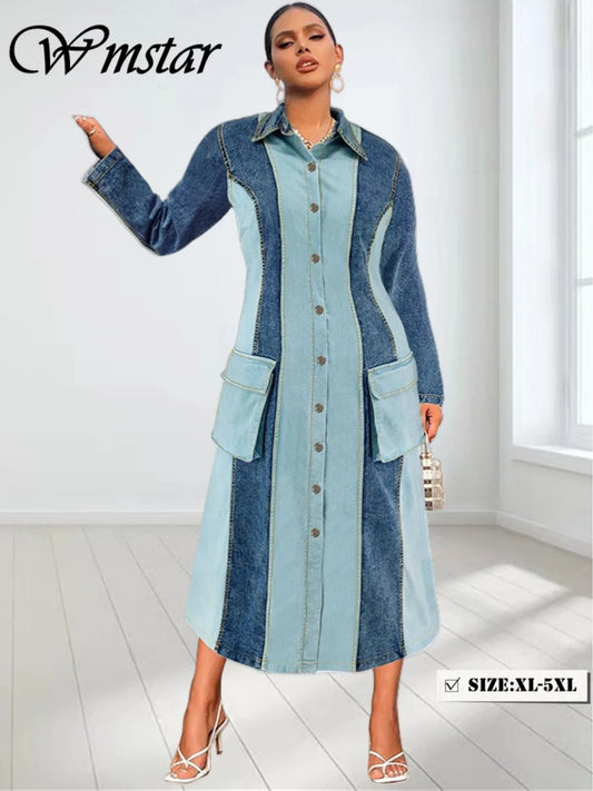 Wmstar Plus Size Denim Dresses Women Long Sleeve Casual Button Pockets Striped Maxi Dress Fall Clothes Wholesale Dropshipping