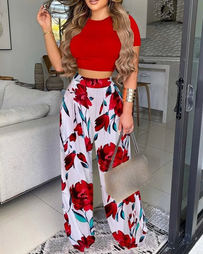 Women Print Pant Sets Two Piece Suit Round Neck Short Sleeve Tops Vests Wide Leg Trousers High Waist Pant Matching Sets Summer
