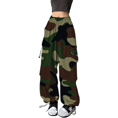 Womens Camouflage Cargo Pants Streetwear Hip Hop Baggy Trousers Casual Drawstring Joggers Pockets Loose Wide Leg Sweatpants