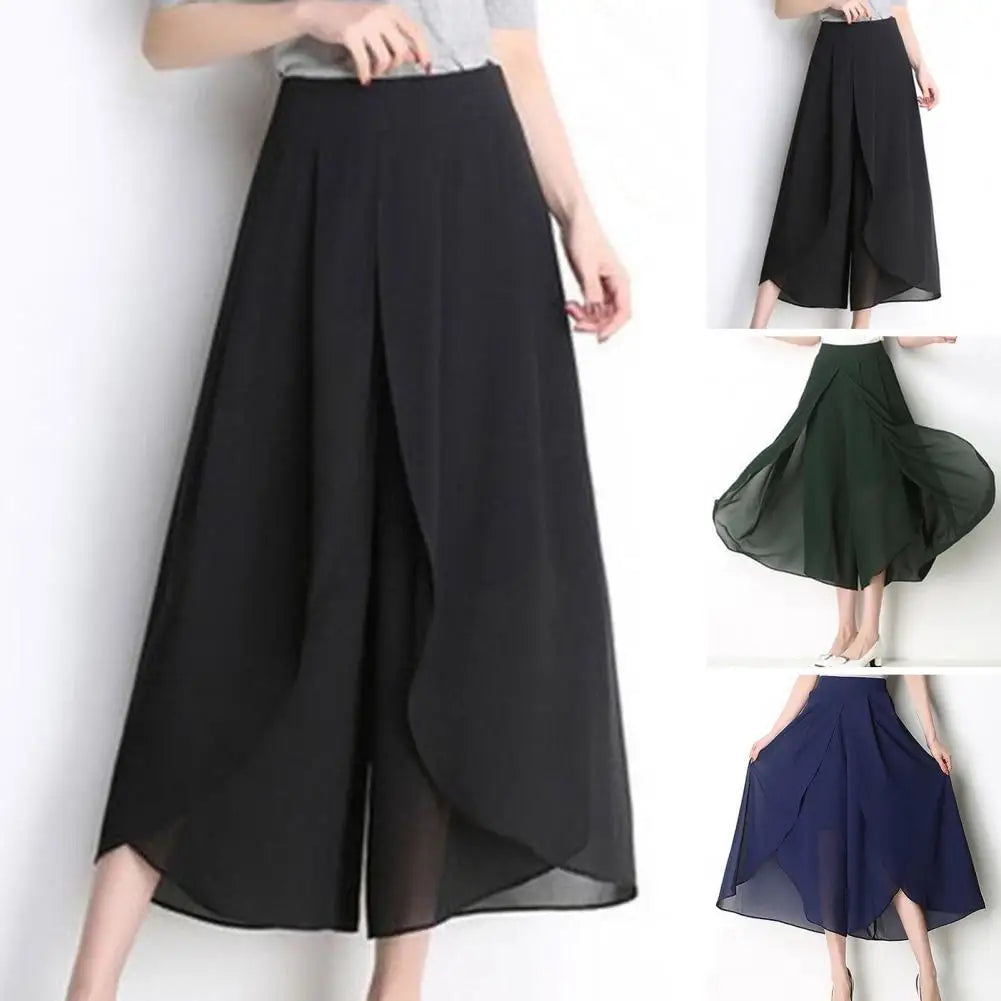 High Waist Pants See-through Chiffon Trousers Chic Women's Chiffon Skirt Pants Double Layered Wide-leg Mid-calf Cropped for A