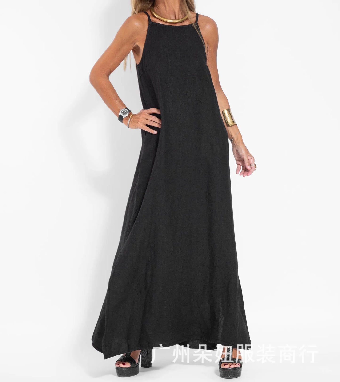 Women Cotton linen Side Split Long Slip Dress Summer Lady Strapless Solid Color Holiday Party Dresses FYY-10080 Black
