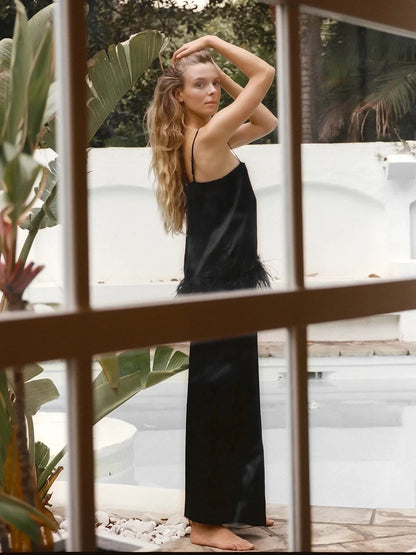 Satin Pajamas With Feathers Sleepwear Women Sets With Pants Black Spaghetti Strap Home Suit White Trouser Suits 2022 black