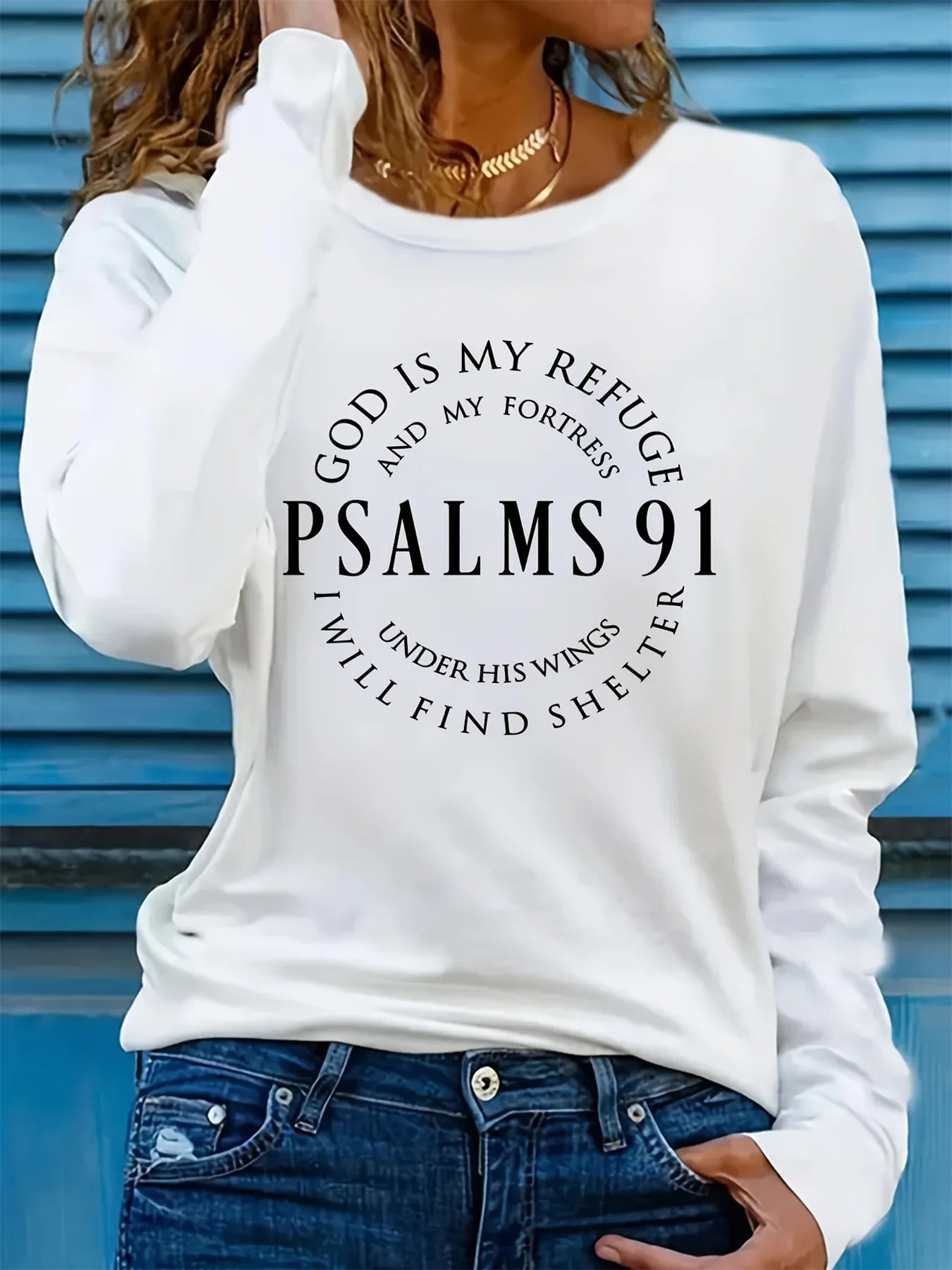 Spring and Autumn Women's 100% Cotton Fashion Casual Loose Inspirational Palms 91 Verseprint Round Neck Long Sleeve T-shirt
