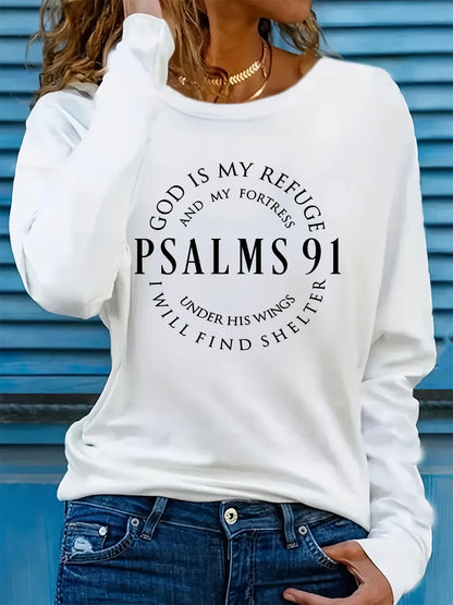 Spring and Autumn Women's 100% Cotton Fashion Casual Loose Inspirational Palms 91 Verseprint Round Neck Long Sleeve T-shirt