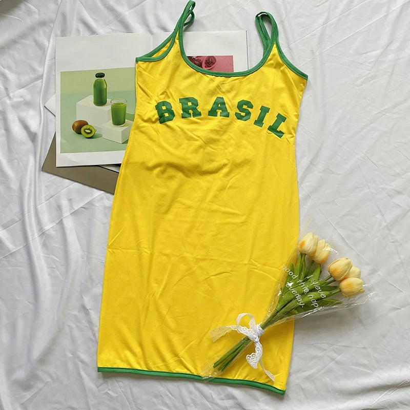 2024 Suspender Dress Women Beach Casual Short Dress Yellow Brasil Printed Long T Shirt Loose U Neck Sexy Summer Sling Mini Robe nz941