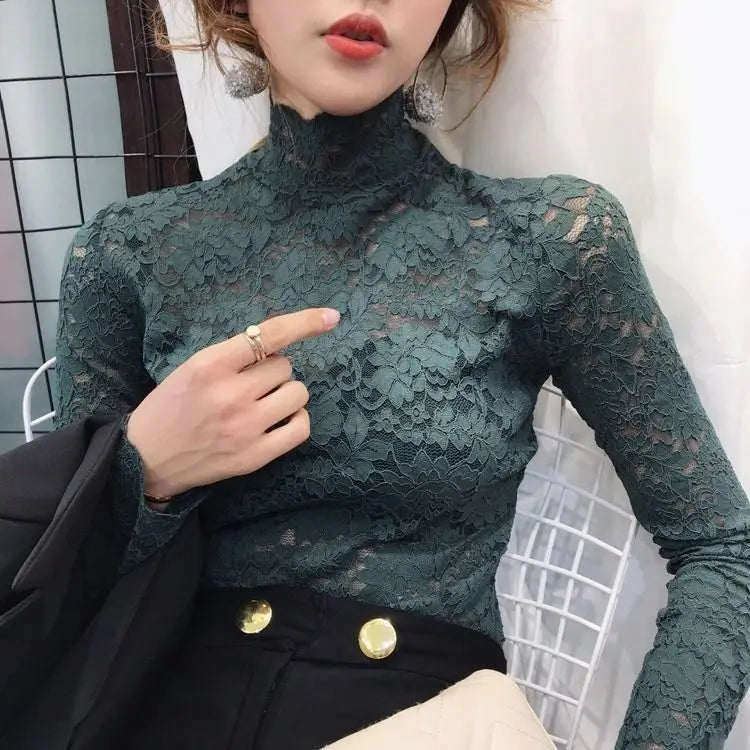 Autumn Women Thin Black Lace T shirt Sexy Turtleneck Long Sleeve Slim Lace Crochet Patchwork Tee Tops WDC6074 MOgreen