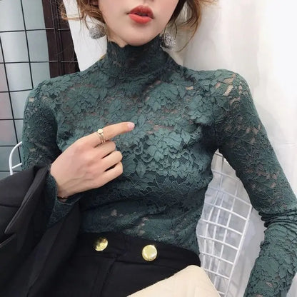 Autumn Women Thin Black Lace T shirt Sexy Turtleneck Long Sleeve Slim Lace Crochet Patchwork Tee Tops WDC6074 MOgreen