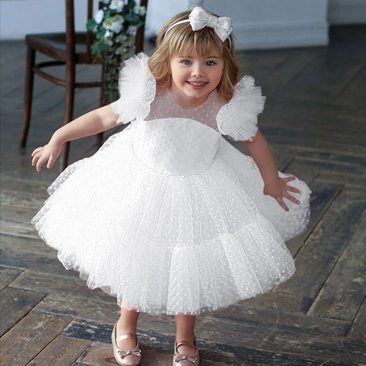 Elegant Girl Fluffy Dress Flower Baby Wedding Ceremony Costume Birthday Outfits White 1st Communion Tutu Gown Kids Gala Clothes C00747-B