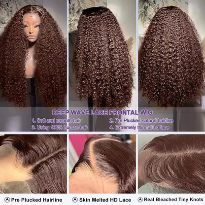 13X4 Chocolate Brown Curly Lace Front Wigs Colored 100% Human Hair Wigs Pre Plucked Deep Wave 13X6 Hd Lace Frontal Brazilian Wig Badiee Stylez