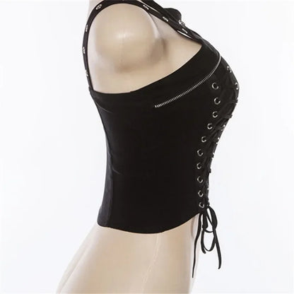 Y2k Dark Punk Gothic Corset Vest Women 2024 High Waist Bandage Crop Tank Tops Streetwear Emo Alt Harajuku Halter Rave Outfits