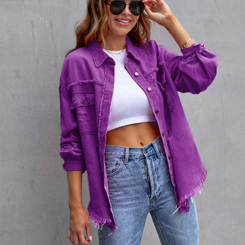2025 Spring Autumn Shirt Style Denim Jacket Women Holes Raw-edges Jeancoat Casual Tops Female Oversize Loose Outerwear 7 Colors purple