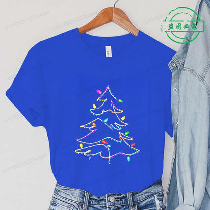 Women's Casual T-Shirts Christmas Lights Xmas Tree Print T-Shirt Christmas Party Design Tops Short Sleeve Ladies T Shirts Tops