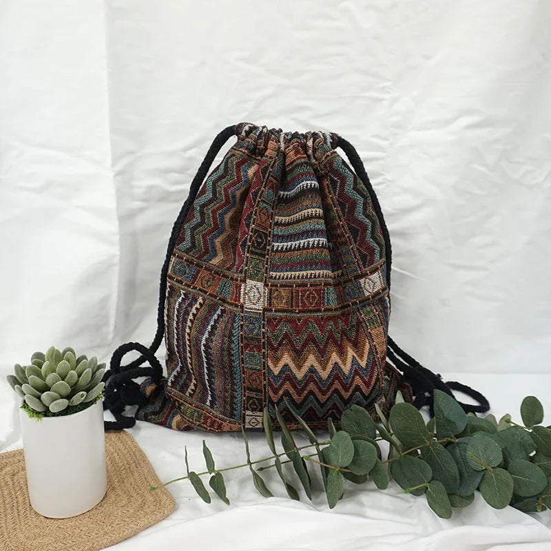2025 Women Fabric Backpack Female Gypsy Bohemian Boho Chic Aztec Ibiza Tribal Ethnic Cottage Soft Brown Drawstring Rucksack Bags