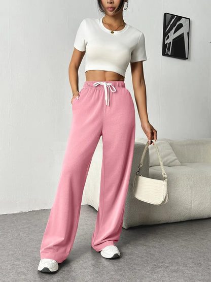Casual Wide Leg Sports Pants for Women Casual Straight Leg Loose Solid Color Elastic Drawstring High Waisted Wide Leg Pants