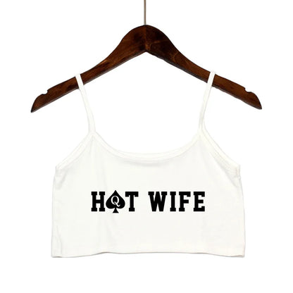 HOT WIFE Letters Print Female Sexy Crop Top Fashion Women's Sexy Elastic Cotton Camis Sleeveless Short Girls Tank Top Bar Women White 2