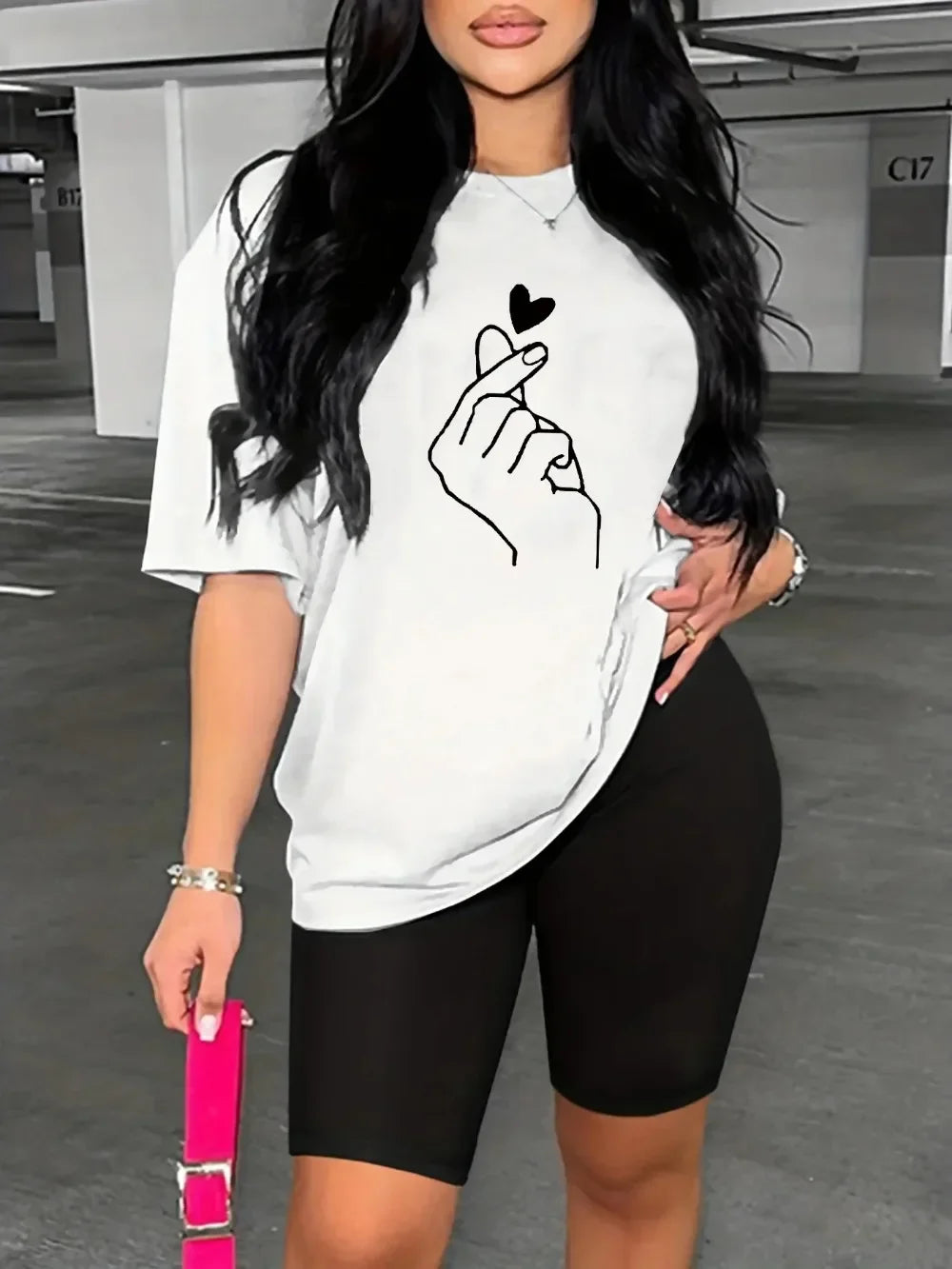 Summer women's hand heart gesture print casual loose round neck short sleeved T-shirt shorts two-piece set Badiee Stylez