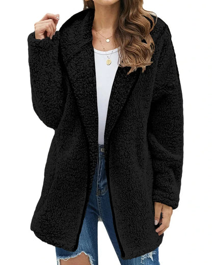 Autumn Winter Women Long Teddy Jacket Warm Thick Fleece Coat Turn Down Collar Plush Coat Woman Casual Long Sleeve Winter Clothes black