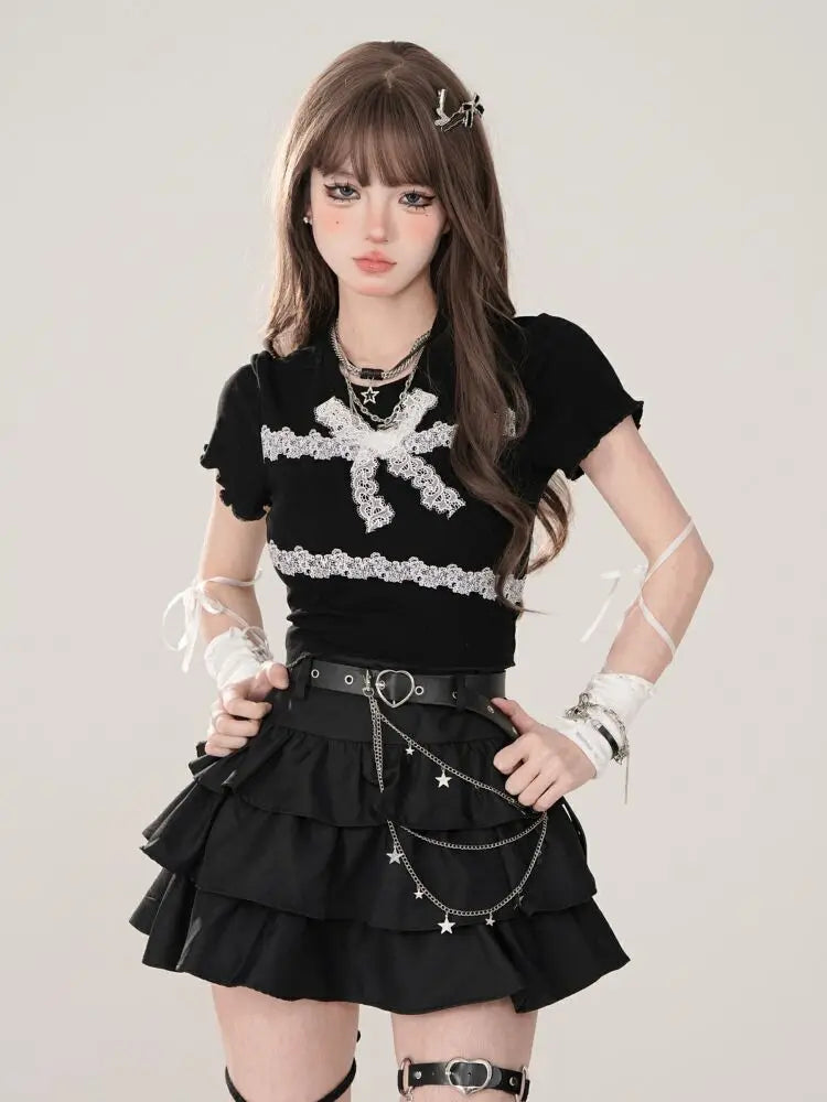 Women Black Gothic A-line Cake Skirt Vintage Y2k Skirt Aesthetic Harajuku Korean Elegant Kawaii Emo Skirts 2000s Trashy Clothes