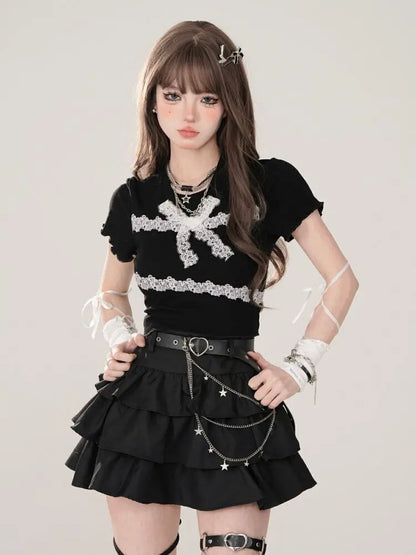 Women Black Gothic A-line Cake Skirt Vintage Y2k Skirt Aesthetic Harajuku Korean Elegant Kawaii Emo Skirts 2000s Trashy Clothes
