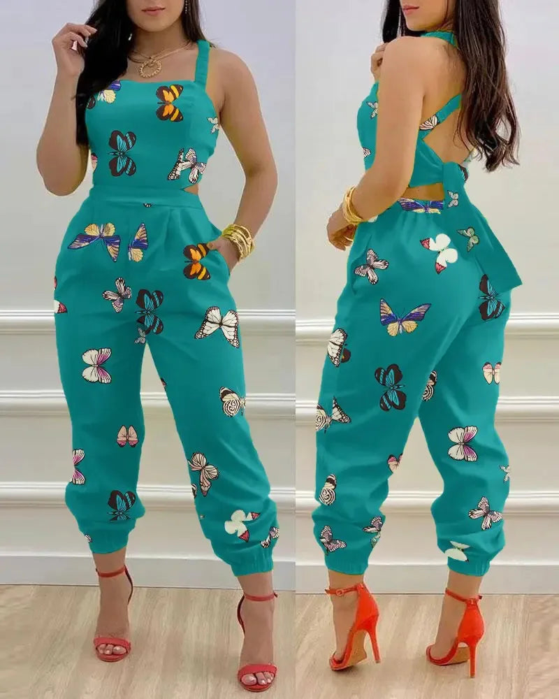 Women Printed Letter Jumpsuits Sleeveless V Neck Suspenders Backless High Waist Trousers Overall Rompers Pockets One Piece