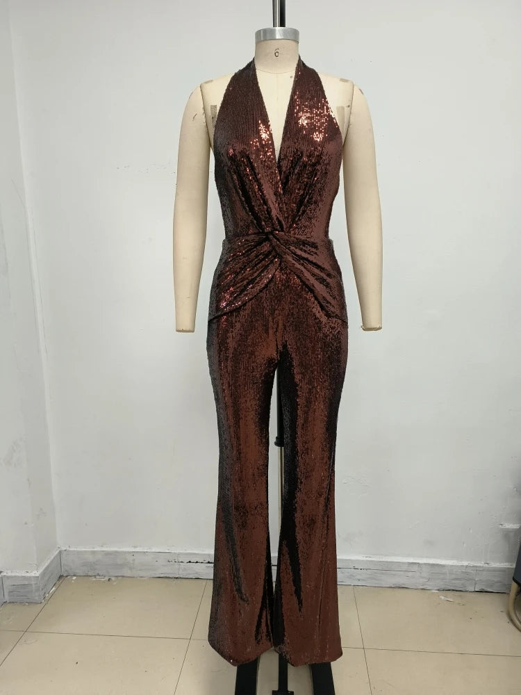 Women's Sleeveless Gold Sequin Jumpsuit Sexy V Neck Sparkle Sequined High Waist Wide Leg Pants Jumpsuit Celebrity Evening Party Badiee Stylez