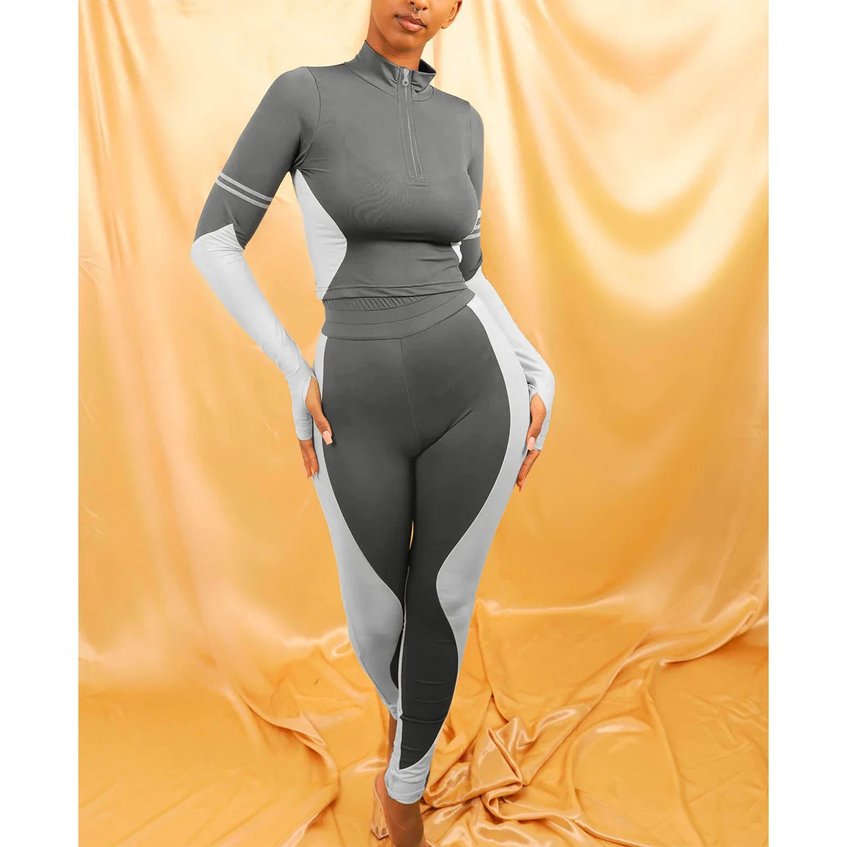 Y2K Color Matching Women'S Set Sweatsuit Two Piece Outfits Ladies' Standing Collar Sports Suit Slim Fit Long Sleeved Long Pants Badiee Stylez