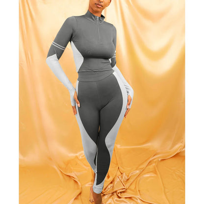 Y2K Color Matching Women'S Set Sweatsuit Two Piece Outfits Ladies' Standing Collar Sports Suit Slim Fit Long Sleeved Long Pants Badiee Stylez