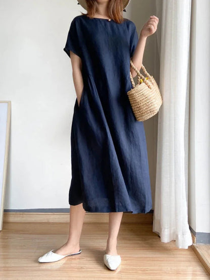 New in Spring Summer Women's Dress Elegant Casual Loose Short Sleeve Tops A-LINE Oversize Solid Midi Dresses for Women Clothing Badiee Stylez